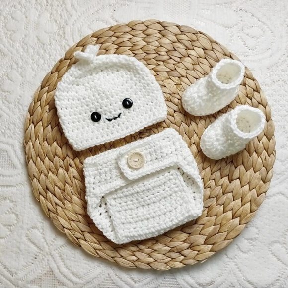 Handmade Crochet Dumpling Baby Outfit Set and Dumpling Onesie - Picture 2 of 6